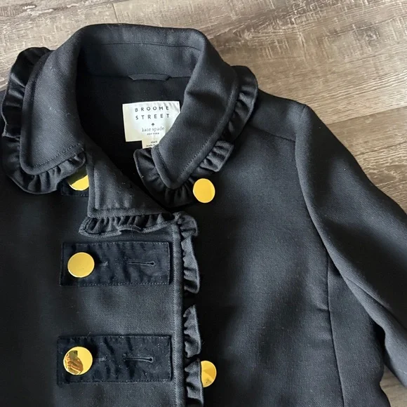 Kate Spade Black Ruffle Velvet Trim Gold Button Winter Fall Wool Blend Coat - Picture 5 of 8